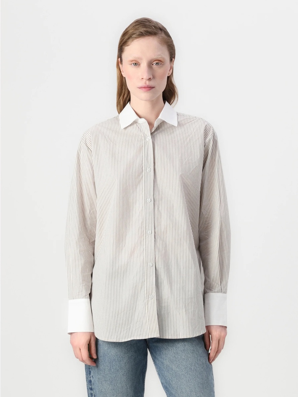 DKNY Jeans Long Sleeve Pinstripe Button-Up Shirt in Cream and White